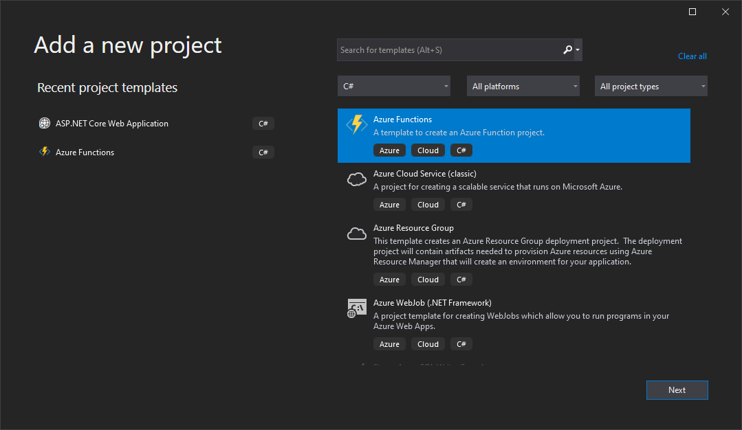 Screenshot of Visual Studio project type selection