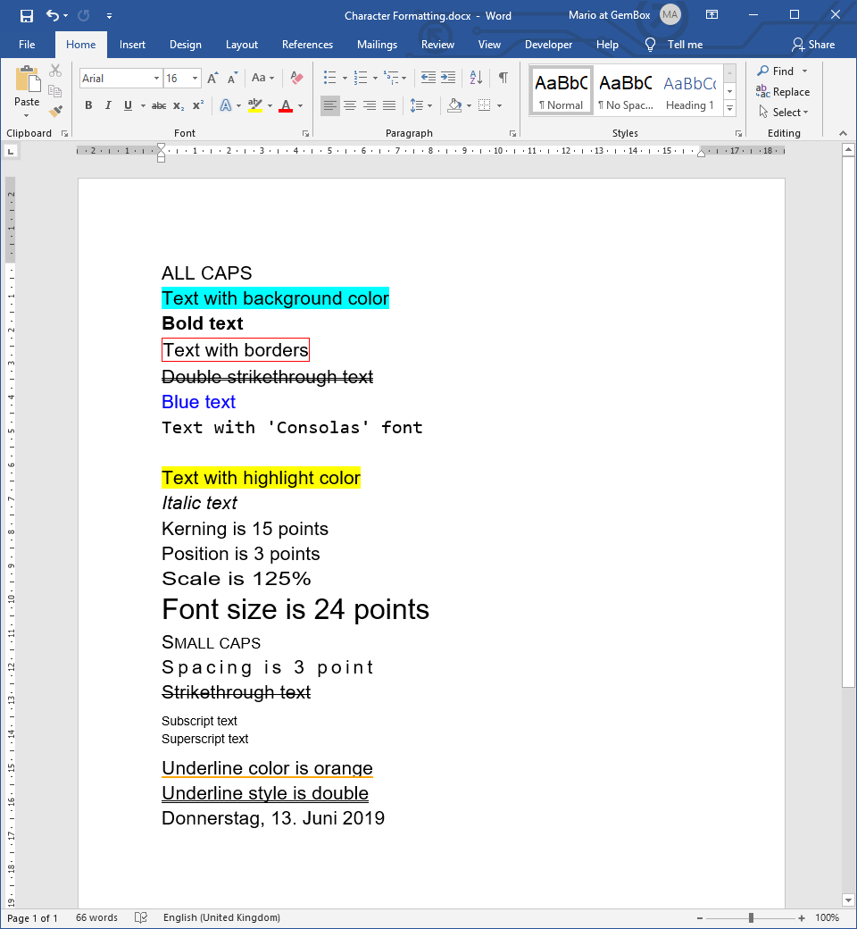 Word document with various text formatting set with GemBox.Document