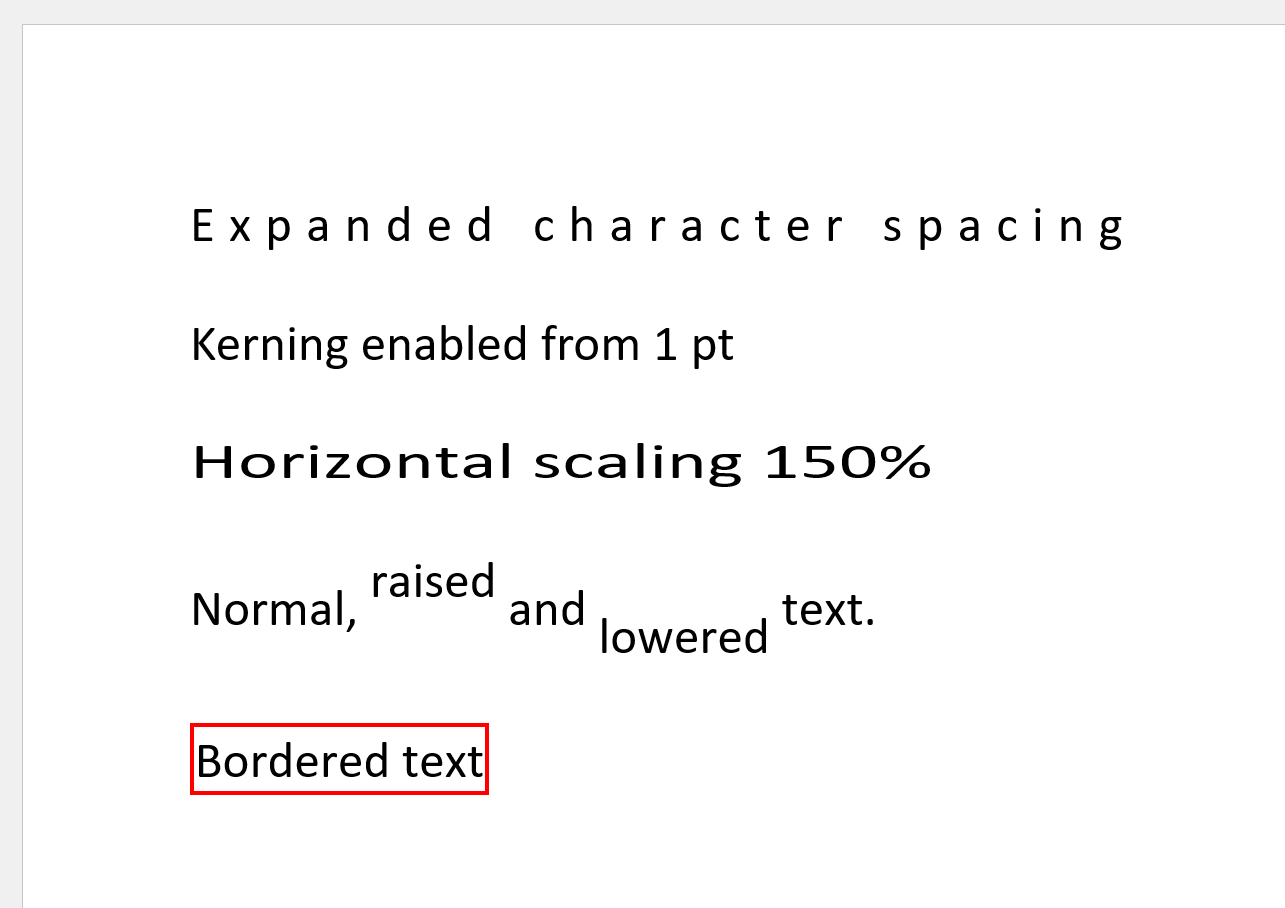Word text with expanded spacing, horizontal scaling, raised and lowered text, and a border, created with GemBox.Document