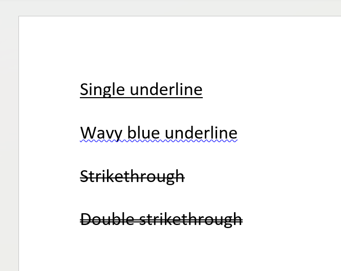 Word text with single, wavy colored underline, strikethrough, and double strikethrough, created with GemBox.Document