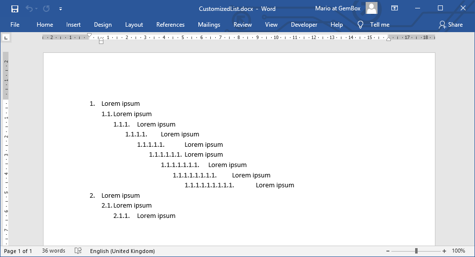 Word document with custom numbered lists