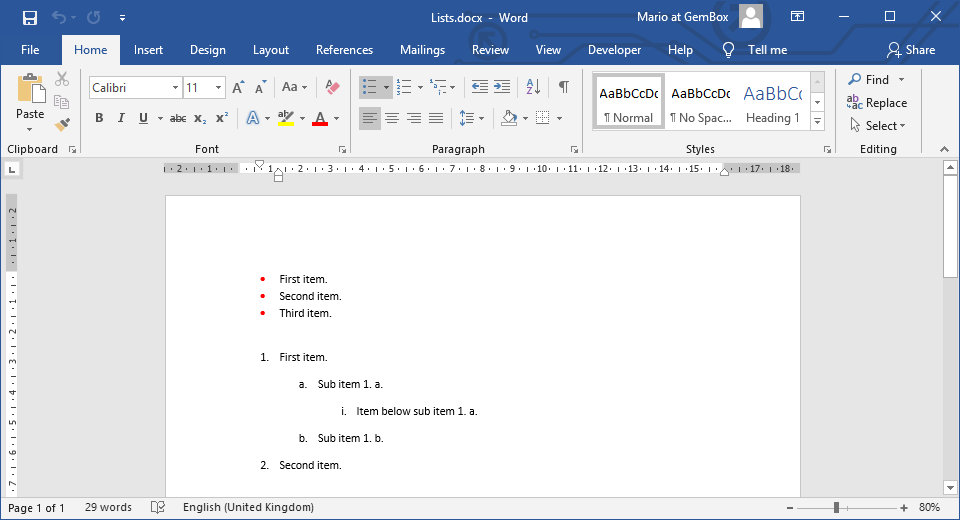 Word document with bulleted and numbered lists