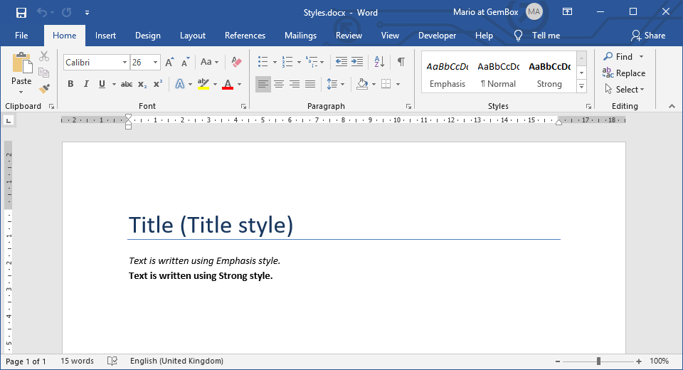 Word document with built-in and custom styles