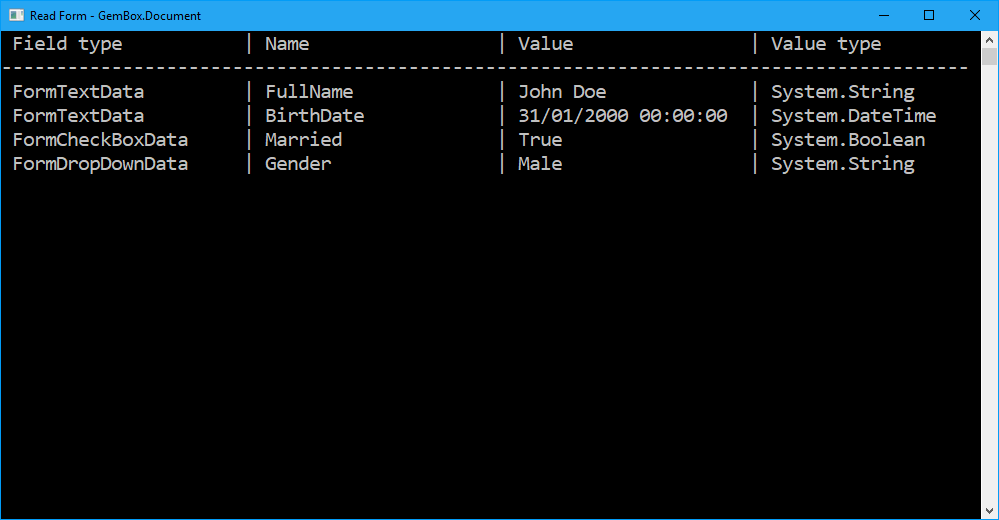 Screenshot of read form values from Word file Reading Word document's text, check-box and drop-down form fields in C# and VB.NET
