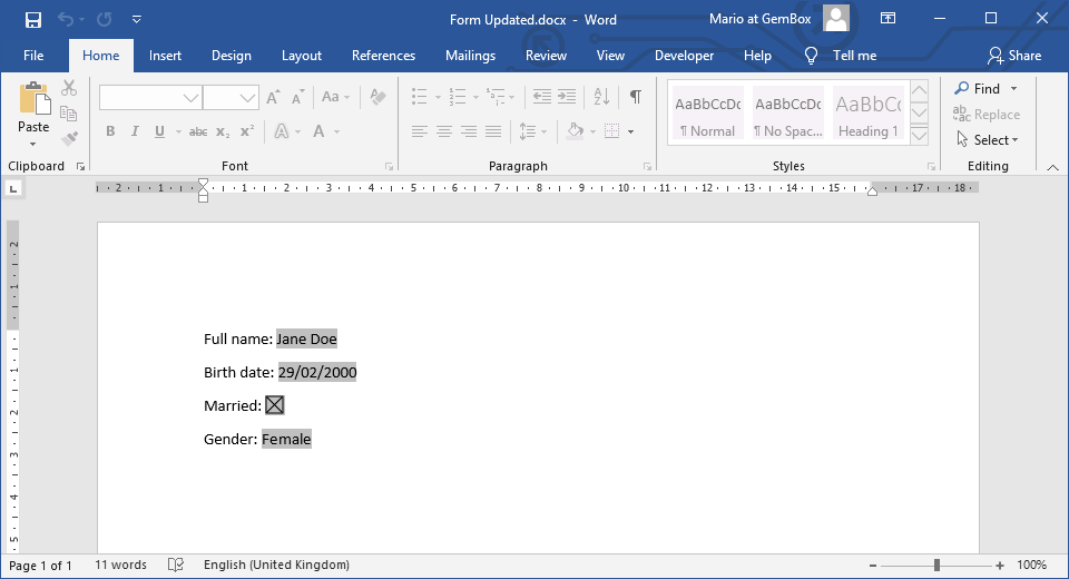 Screenshot of Word file with updated form field values Updating Word document's text, check-box and drop-down form fields in C# and VB.NET