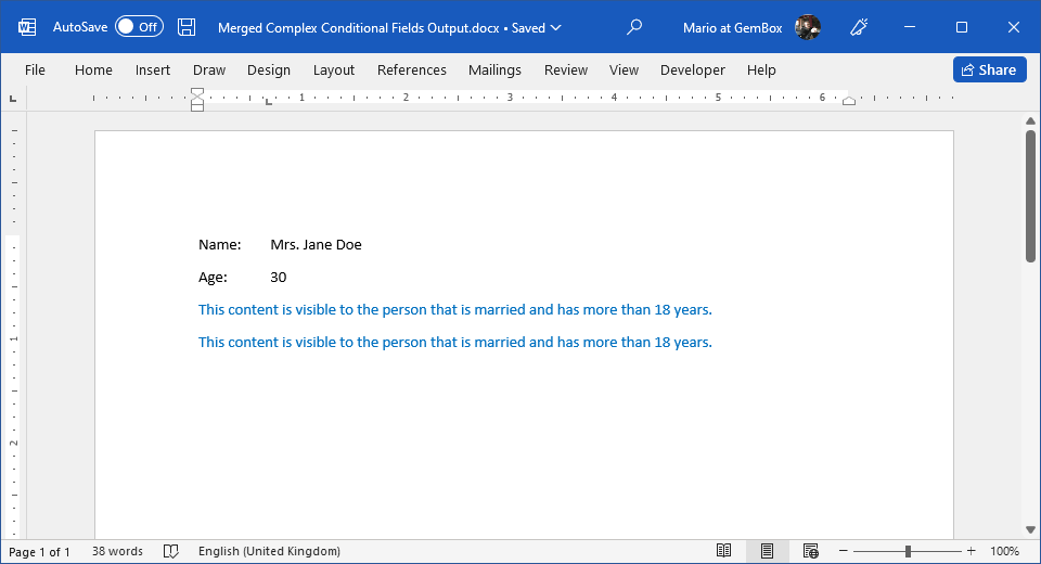 Word document generated from conditional mail merge process