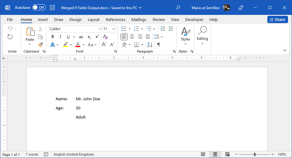 Word document generated from conditional mail merge process