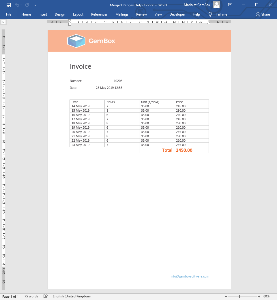 Word document generated from merging named range