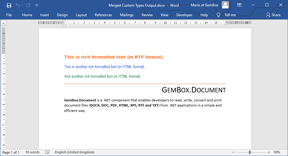 Word document generated from importing HTML, RTF and DOCX with mail merge