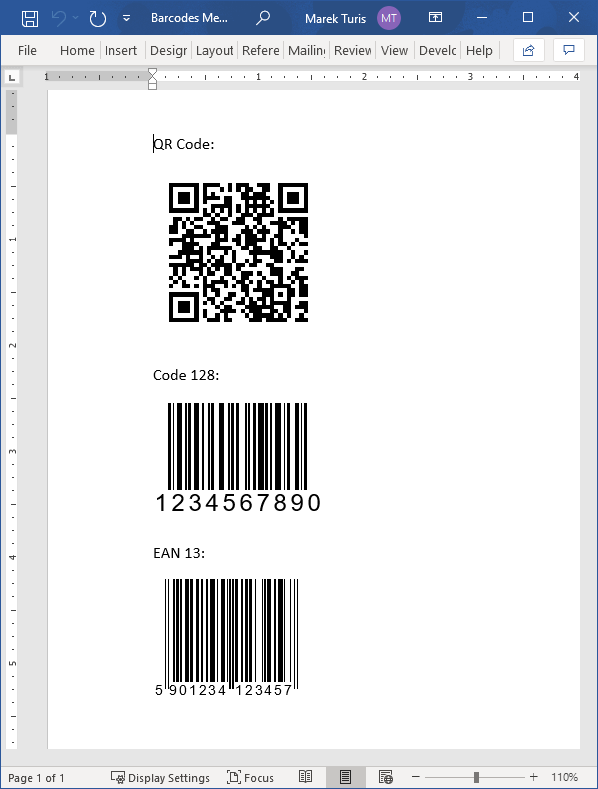 Creating Word document with barcodes with mail merge process in C# and VB.NET