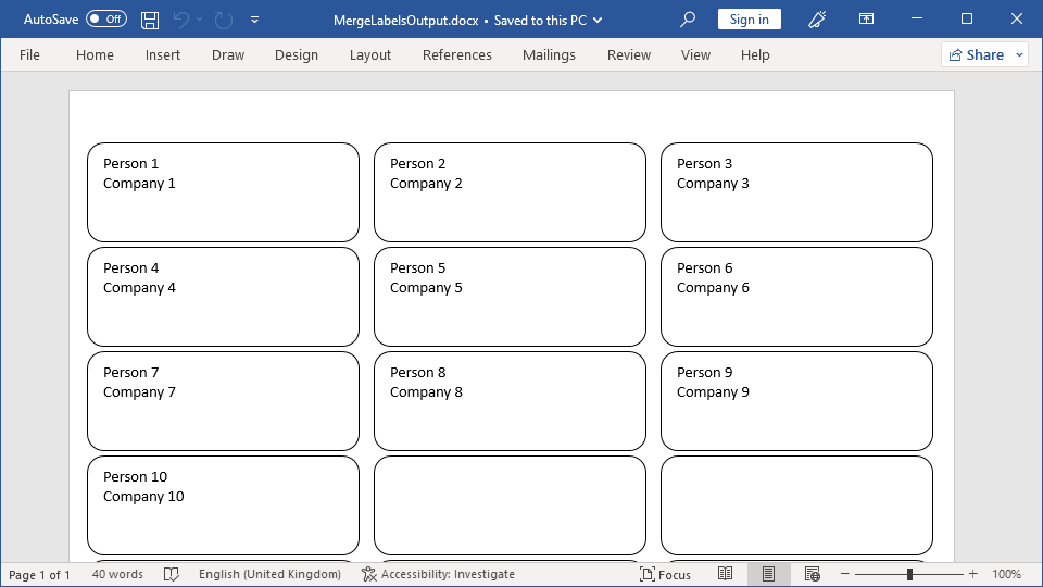 Word document with merged mailing labels