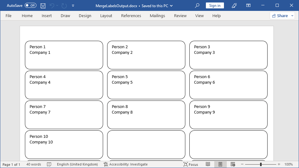 Screenshot of a Word file with merged labels Word document with merged mailing labels