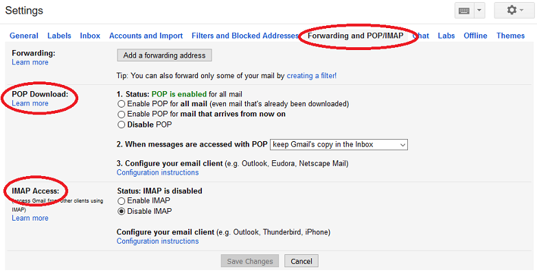Google forwarding and POP/IMAP settings