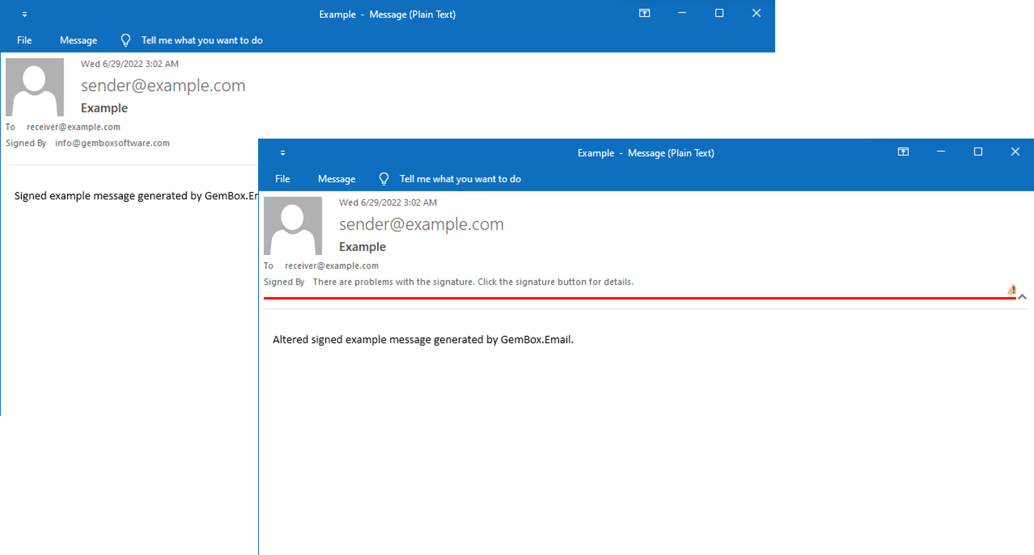 Image showing a valid signed and an invalid signed email on Outlook