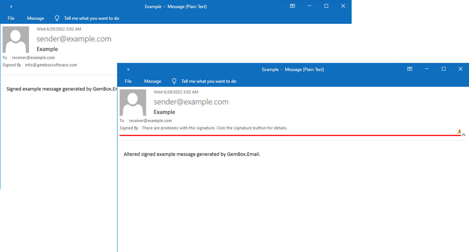 Valid signed email vs invalid signed email Image showing a valid signed and an invalid signed email on Outlook