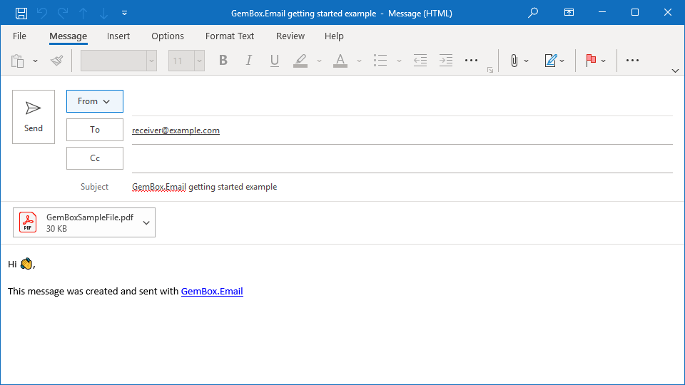Screenshot of an e-mail message created with GemBox.Email