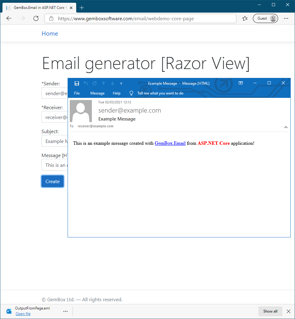 Sending form data from Razor page and generating email file in ASP.NET Core Razor Pages application