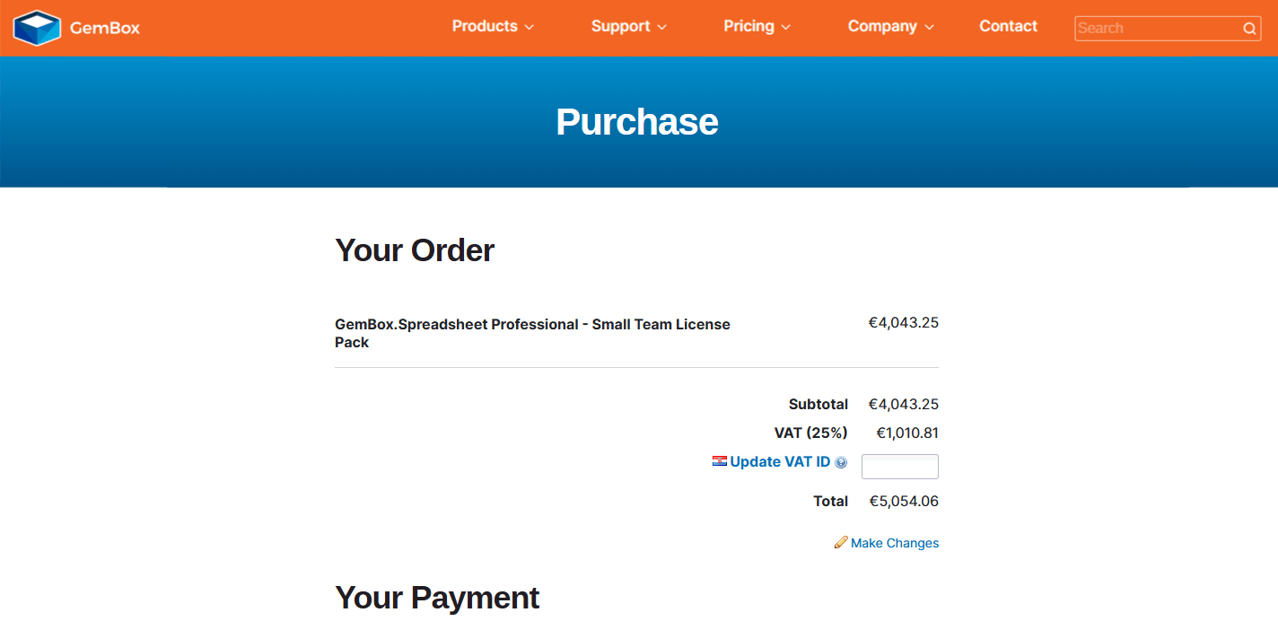 Gembox library purchase order page on FastSpring.