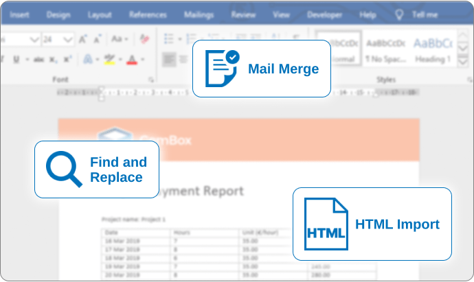GemBox.Document features include Mail Merge, find and replace text, HTML import and more.