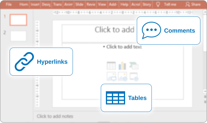 Hyperlinks, comments, placeholders and other PowerPoint elements can be created and edited with the GemBox.Presentation .NET library.
