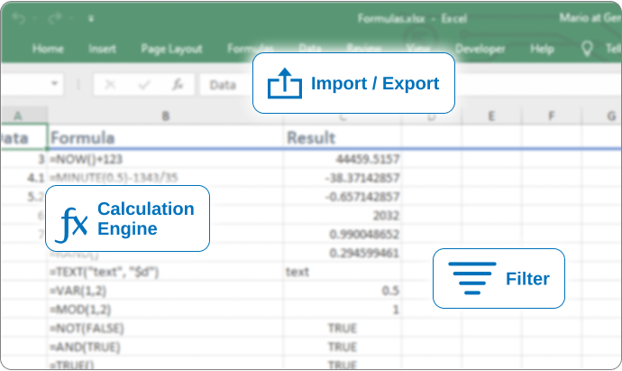 Import, export and filter Excel data. Use the calculation engine.