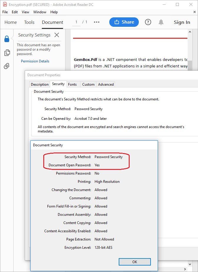 Screenshot of a PDF file encrypted using GemBox.Pdf PDF file encrypted using GemBox.Pdf