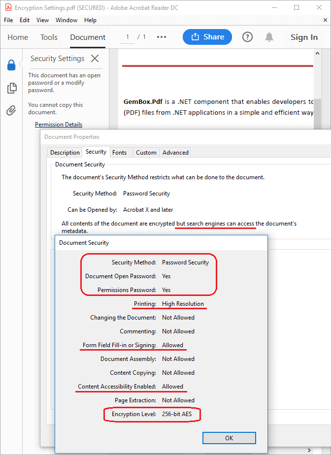 PDF file with encryption settings set with GemBox.Pdf