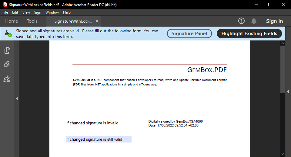PDF signature with locked field