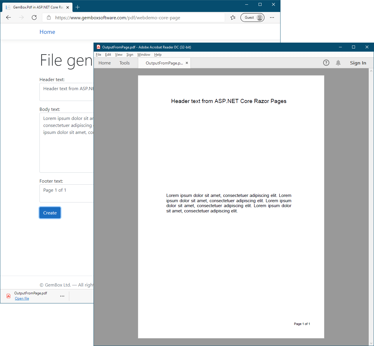 Sending form data from Razor page and generating PDF file in ASP.NET Core Razor Pages application