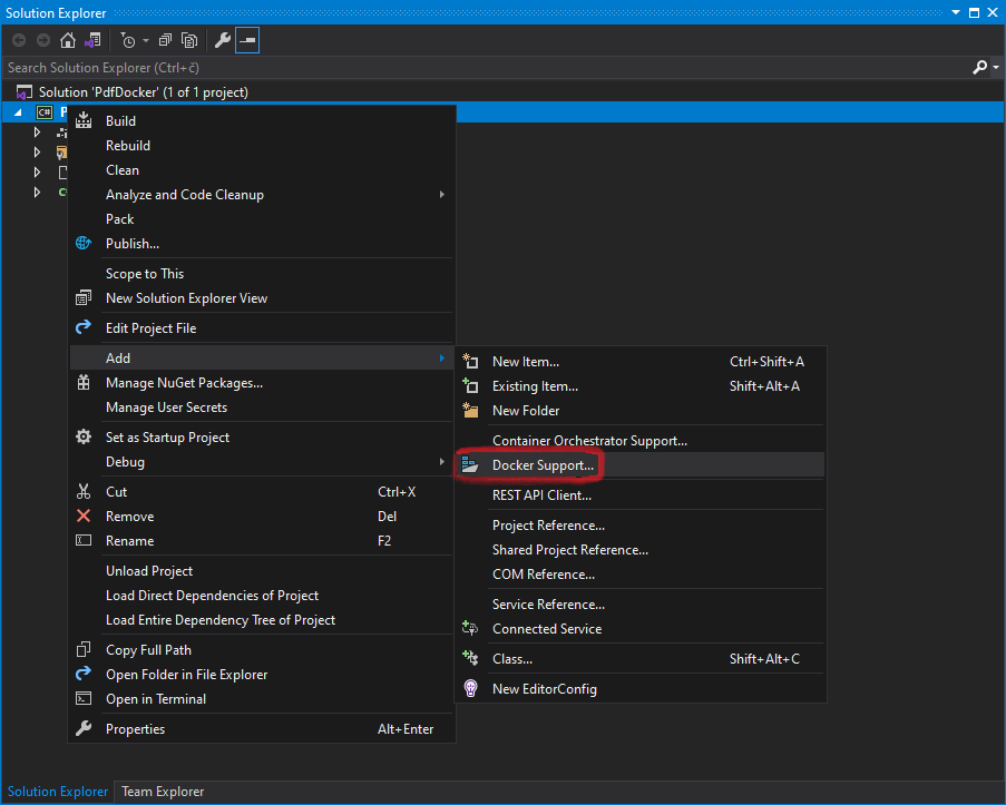 Visual Studio container tool for adding Docker to existing .NET Core project