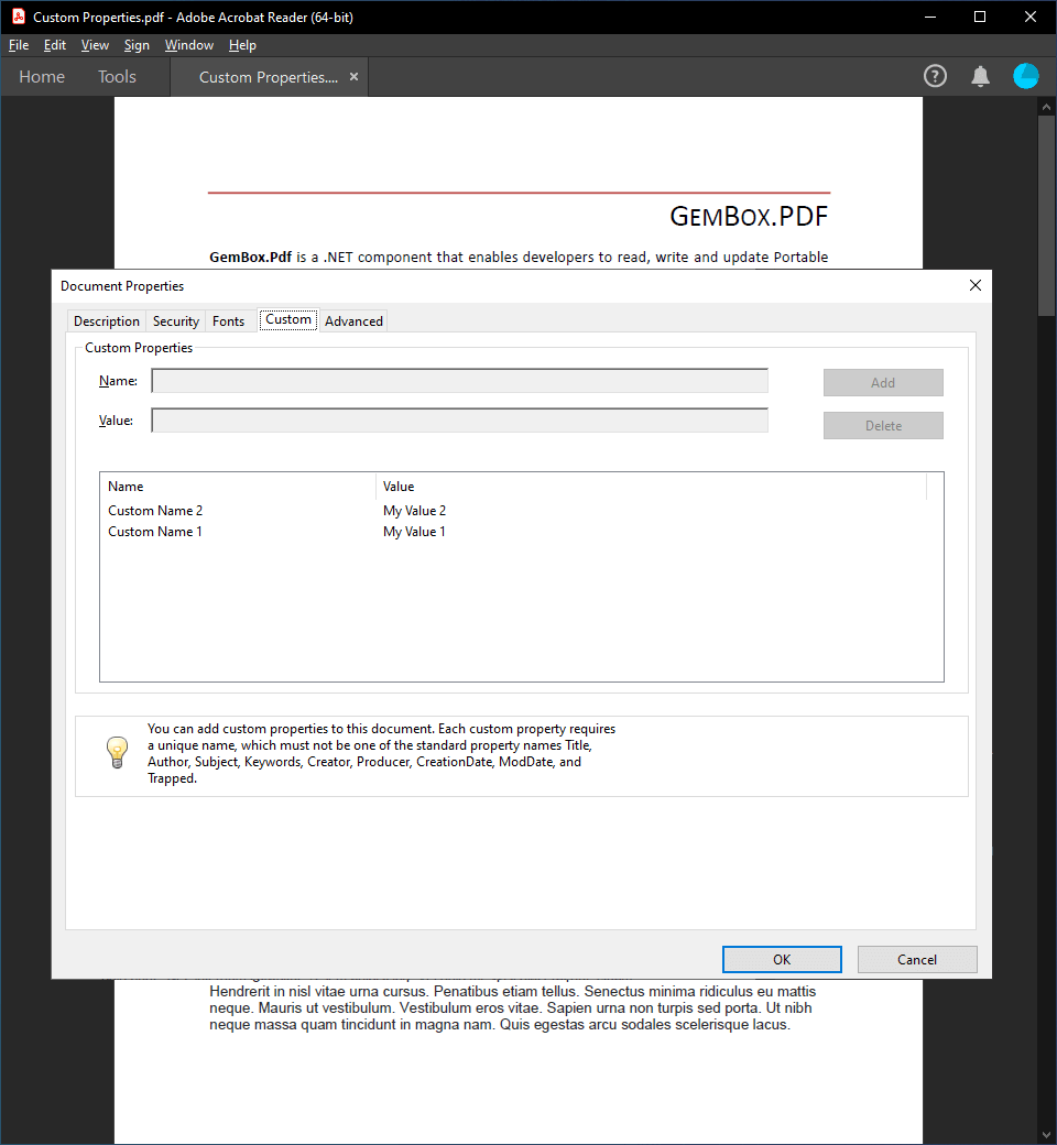 Custom properties created in PDF file with C# / VB.NET