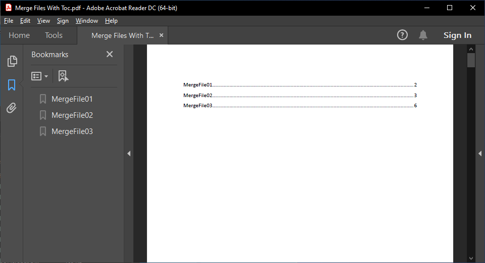 Screenshot of PDF file with Table of Contents PDF file with added TOC element
