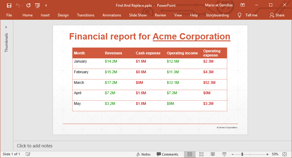 PowerPoint slide with the replaced text