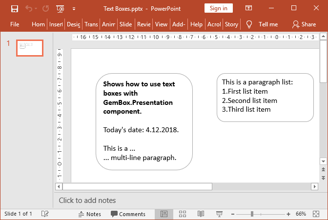 Screenshot of PowerPoint text boxes created with GemBox.Presentation PowerPoint text boxes created with GemBox.Presentation