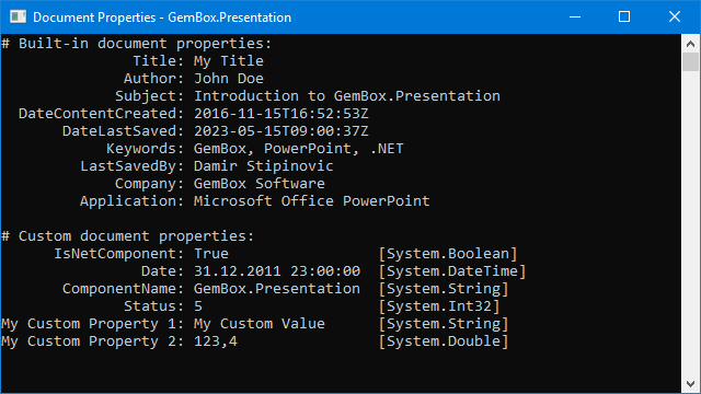Screenshot of document properties from PowerPoint file PowerPoint file's built-in and custom document properties