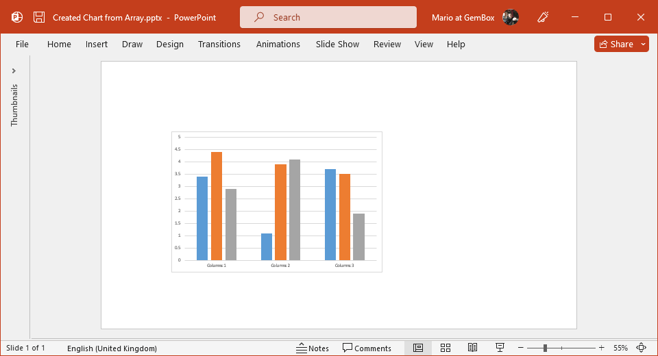 PowerPoint presentation with chart that has values directly in its series