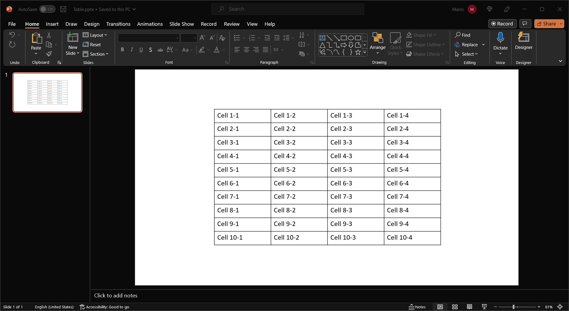 Output of a table created in a PowerPoint file in C#