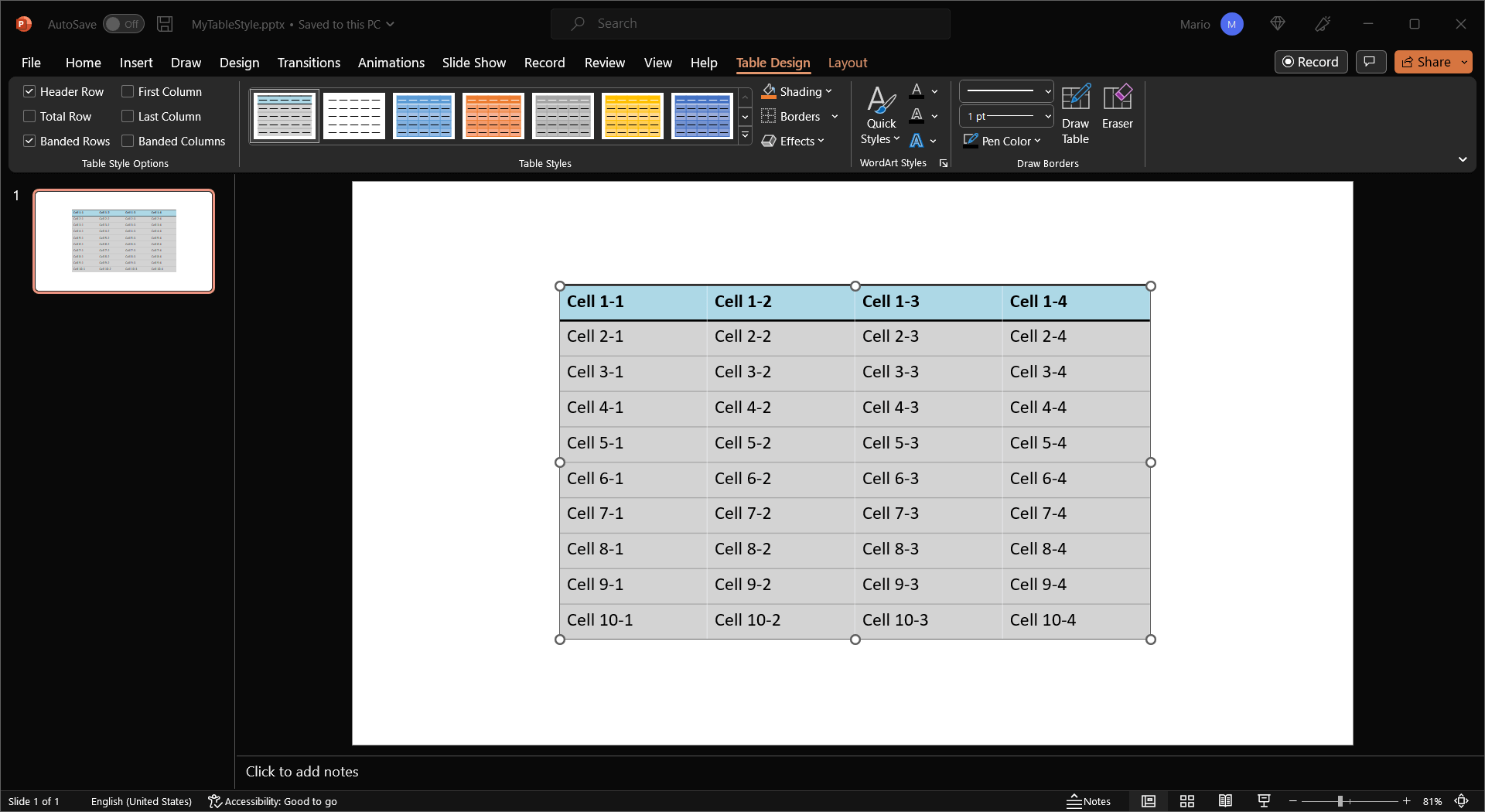 Output of a table in a Presentation with styles applied in C#