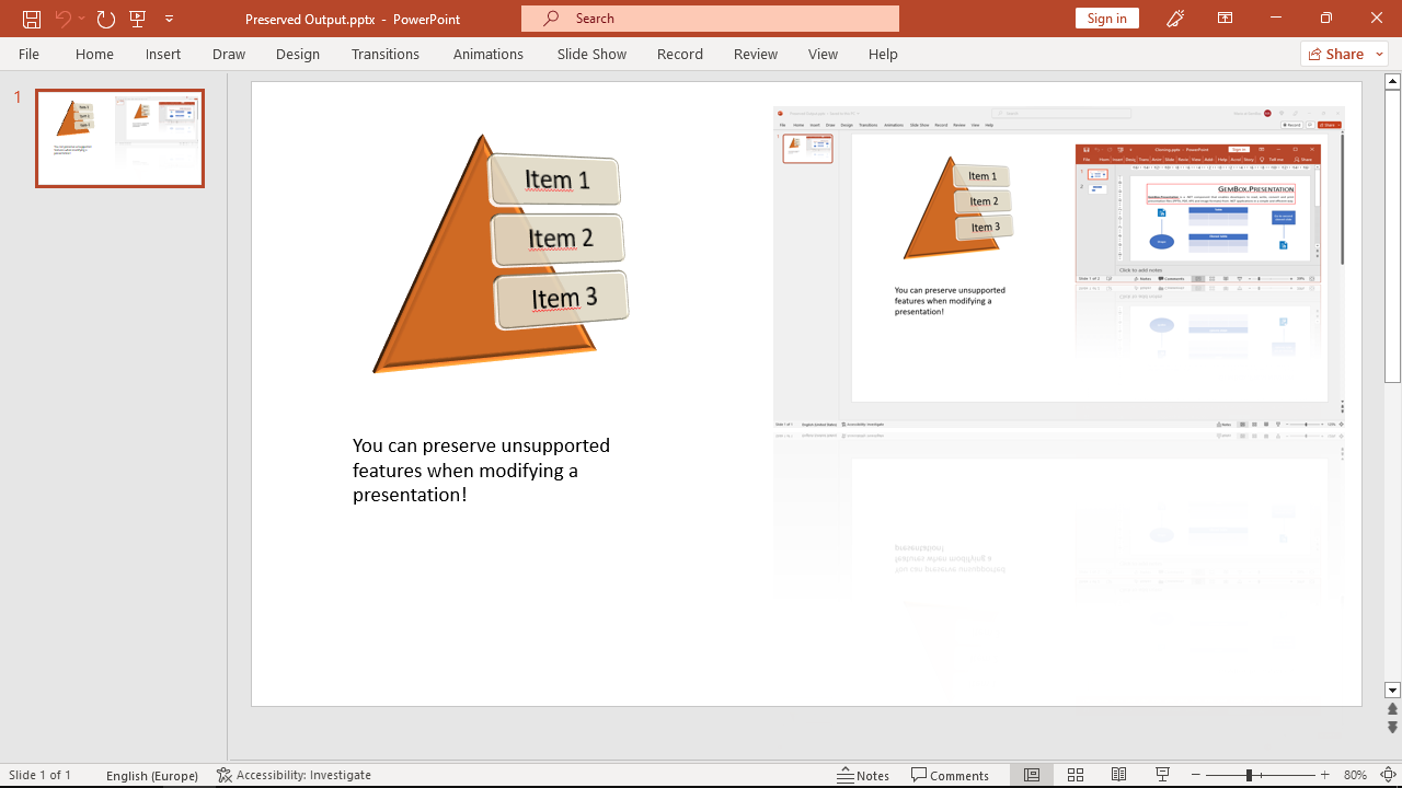 Screenshot of a PowerPoint file with a preserved diagram and picture effects.