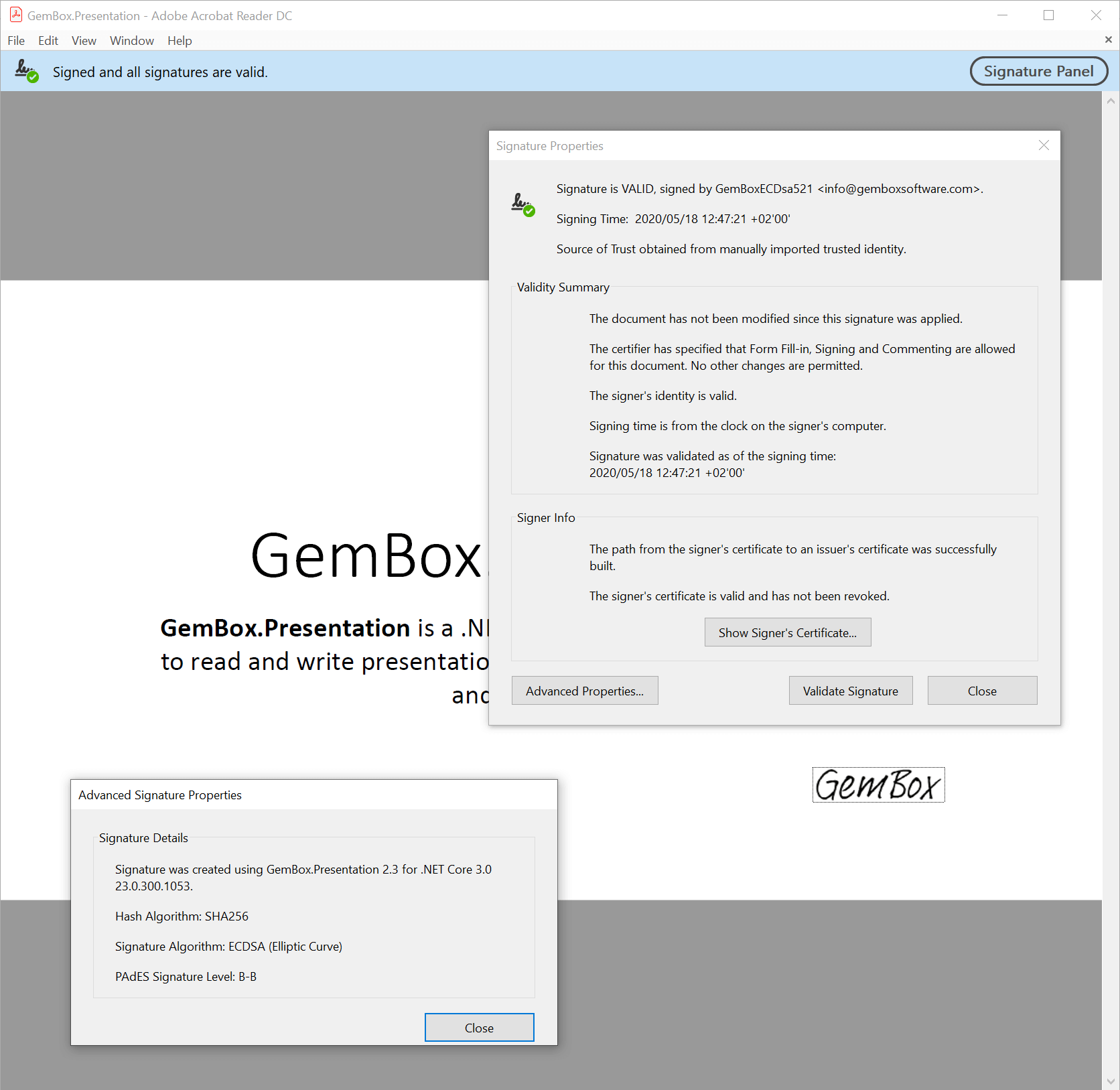 PDF file digitally signed with GemBox.Presentation