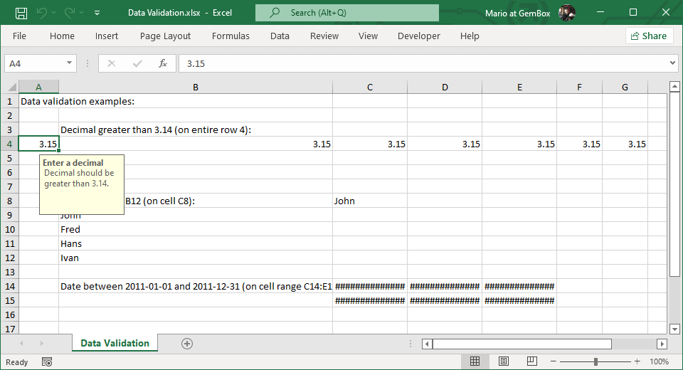 Excel Data Validation | GemBox.Spreadsheet Example