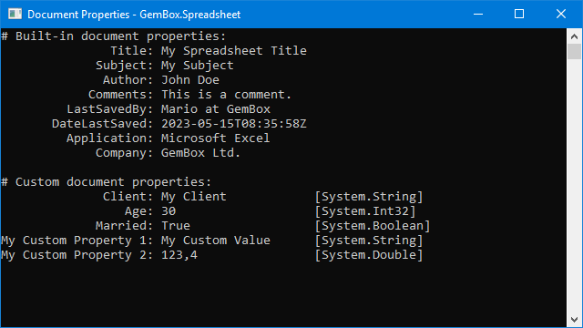 Screenshot of document properties from Excel file Excel file's built-in and custom document properties