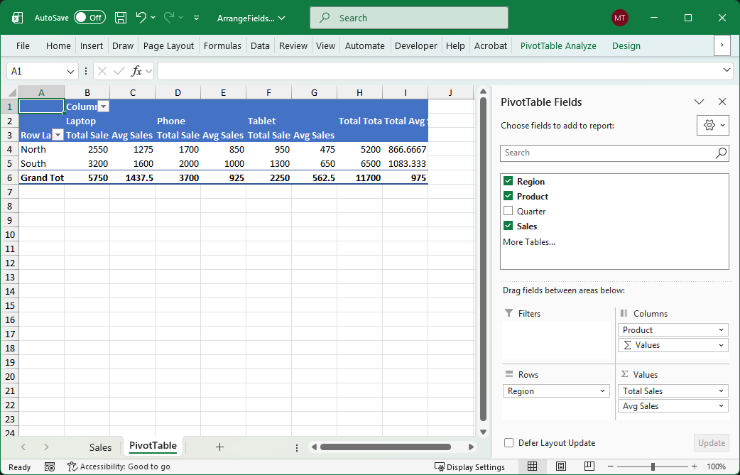 Regions down the rows, products across the columns, with two value fields side by side Pivot table with row, column, and two value fields created with GemBox.Spreadsheet