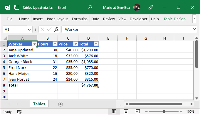 Excel Table updated with GemBox.Spreadsheet