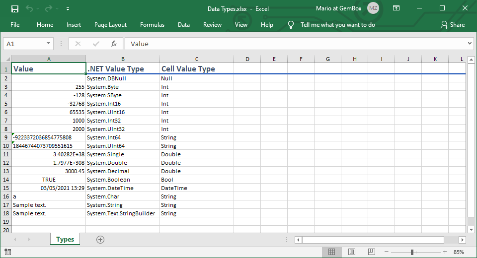 Excel cell data types | GemBox.Spreadsheet Example