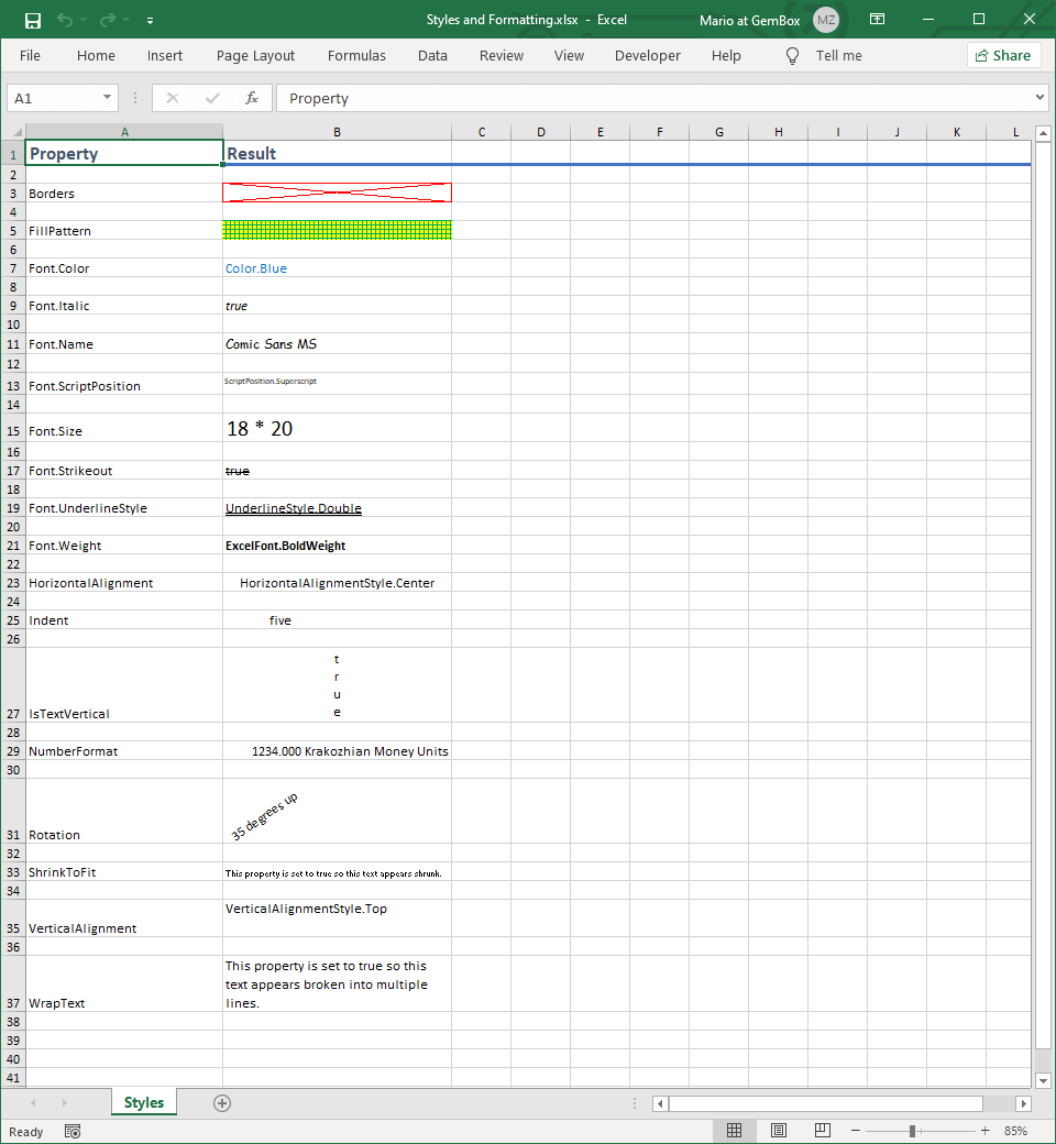 Excel styles and formatting on cells, rows, and columns