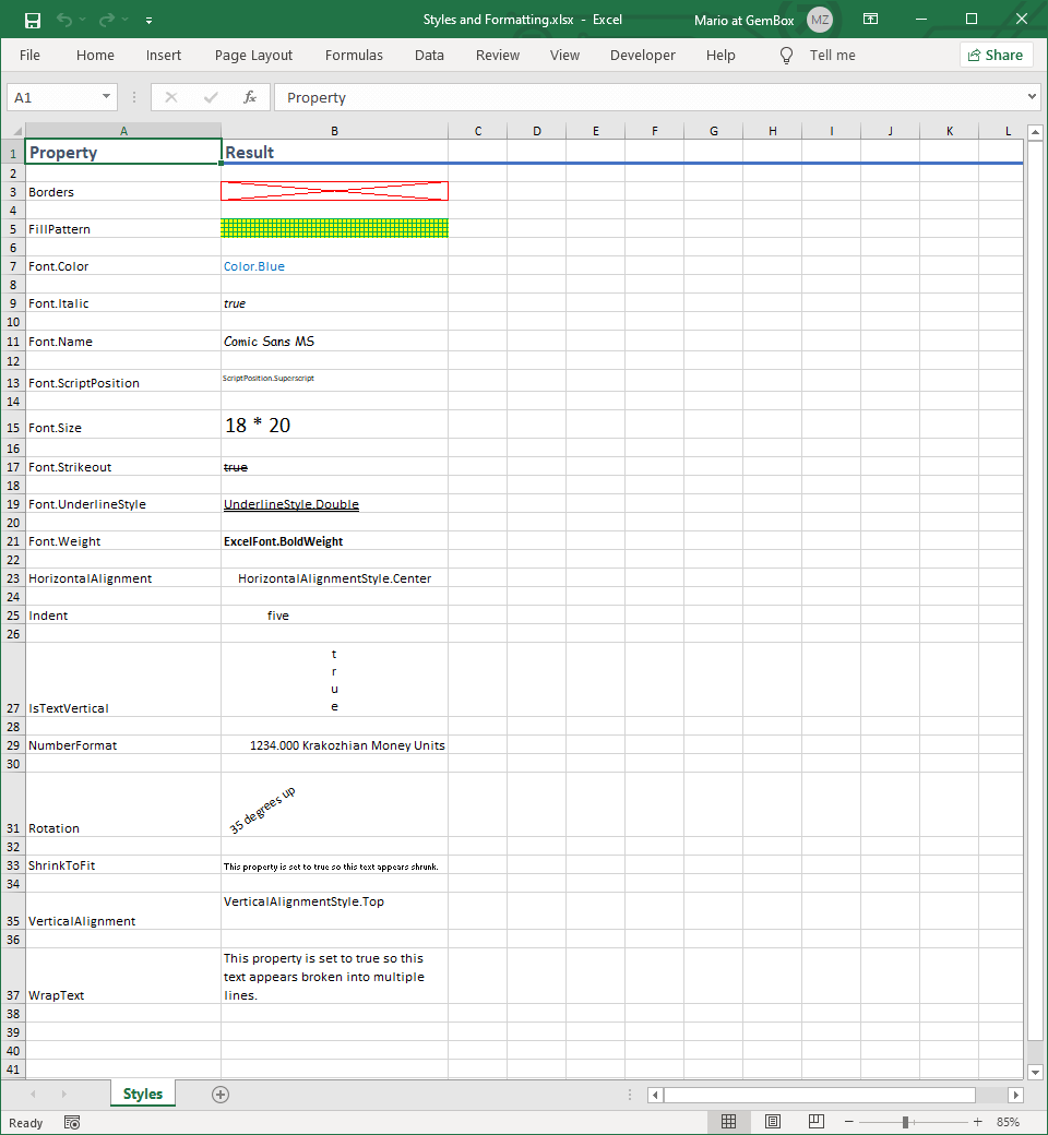 Screenshot of various Excel styles and formatting applied to cells, rows, and columns Excel styles and formatting on cells, rows, and columns