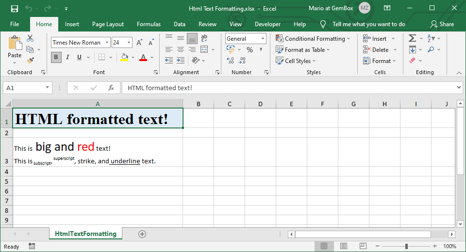 Setting Excel cell inline text formatting with HTML formatted text