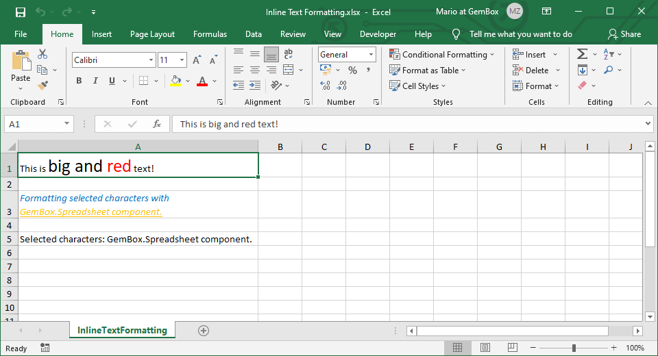 Setting Excel cell inline text formatting