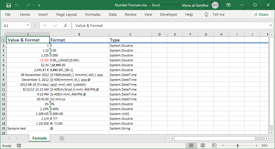 Excel cells with formatted values and number format codes